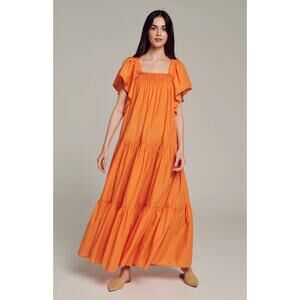 Devotion Twins Agistri Maxi Dress Orange Cotton Tiered Smocked Flutter Sleeve S